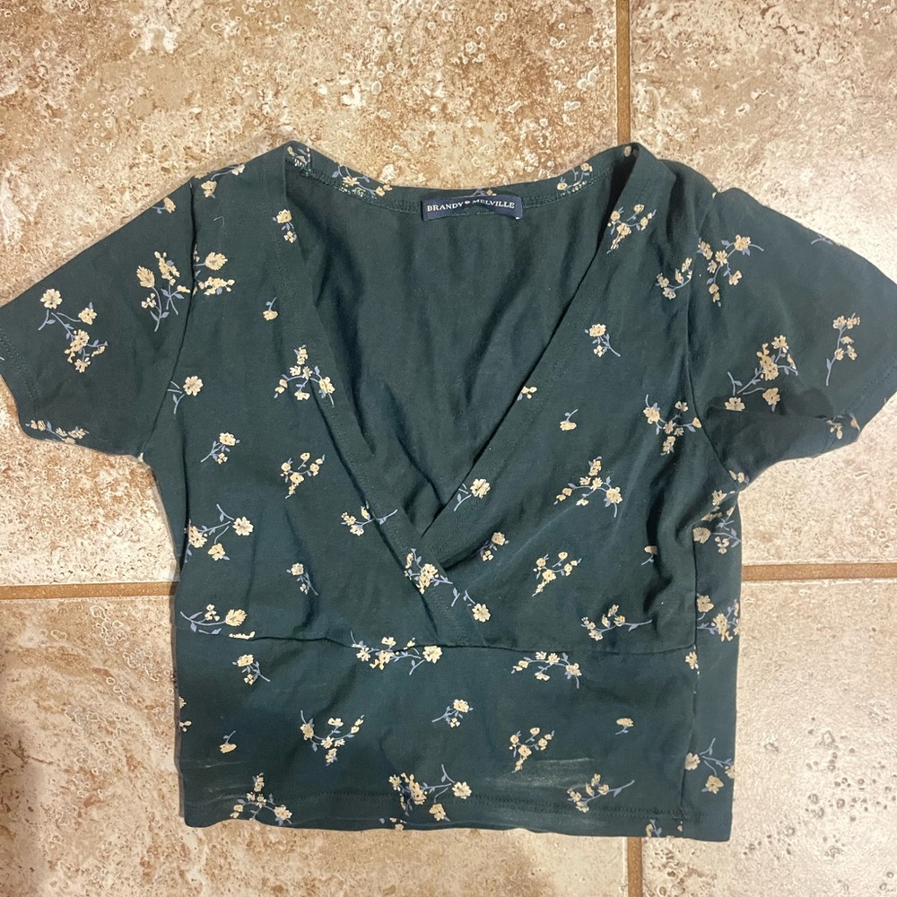 Brandy Melville Green Floral Wrap Crop Top